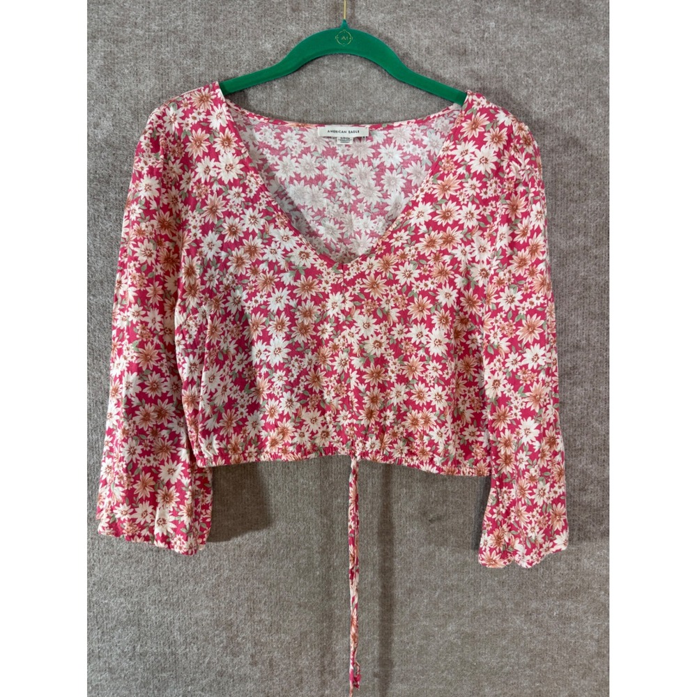 American Eagle Floral V Neck Crop Top Women Small Pink Long Sleeve Boho Cottage